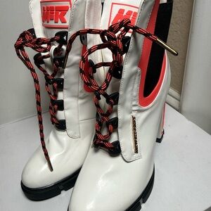 MK White Lace-Up Boots with Red Details